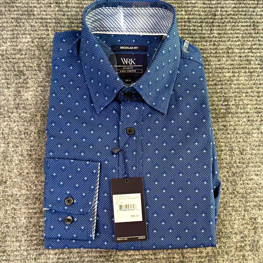 WRK 4-Way Stretch Geometric Regular Fit Dress Shirt Blue/White 15.5 32/33